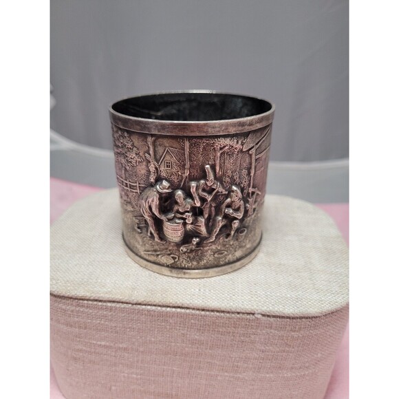 Antique Vtg Hans Jensen Silver Plate Cup Tin Denmark Story Scene - Picture 1 of 7